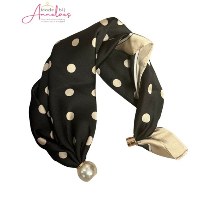 Dames Halssjaal polka dot zwart beige 526 korte sjaal met parel